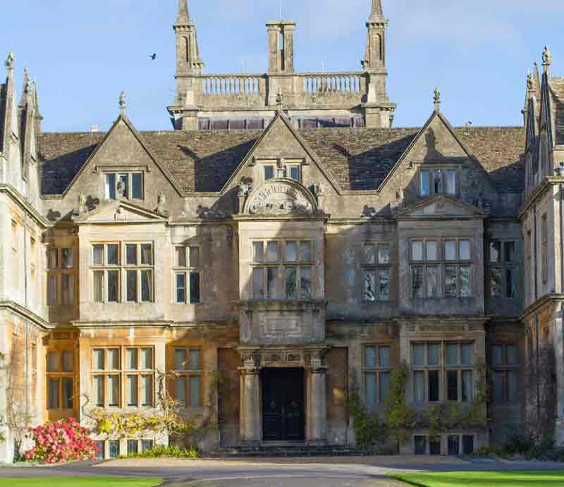The Elizabethan style front of the building.