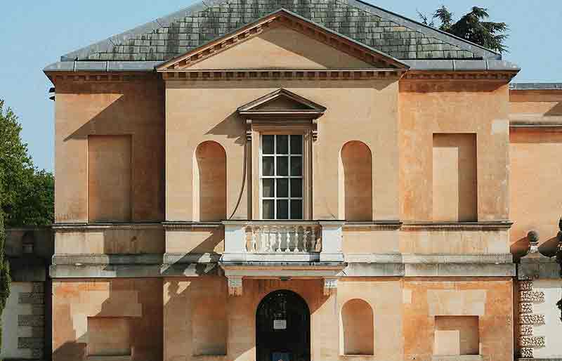 Chiswick House Palladian style pink stone facade.